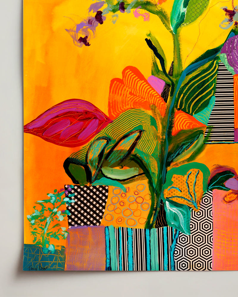 Colorful abstract painting with floral elements and geometric patterns on a yellow background on mixed media paper. Detail close up view. Shop original floral and botanical artwork and contemporary painting by Terry Pesso inspired by blooms, leaves, and organic form. These vibrant mixed media paintings bring fresh energy to wall art decor and are ready for framed art and framed wall art display.