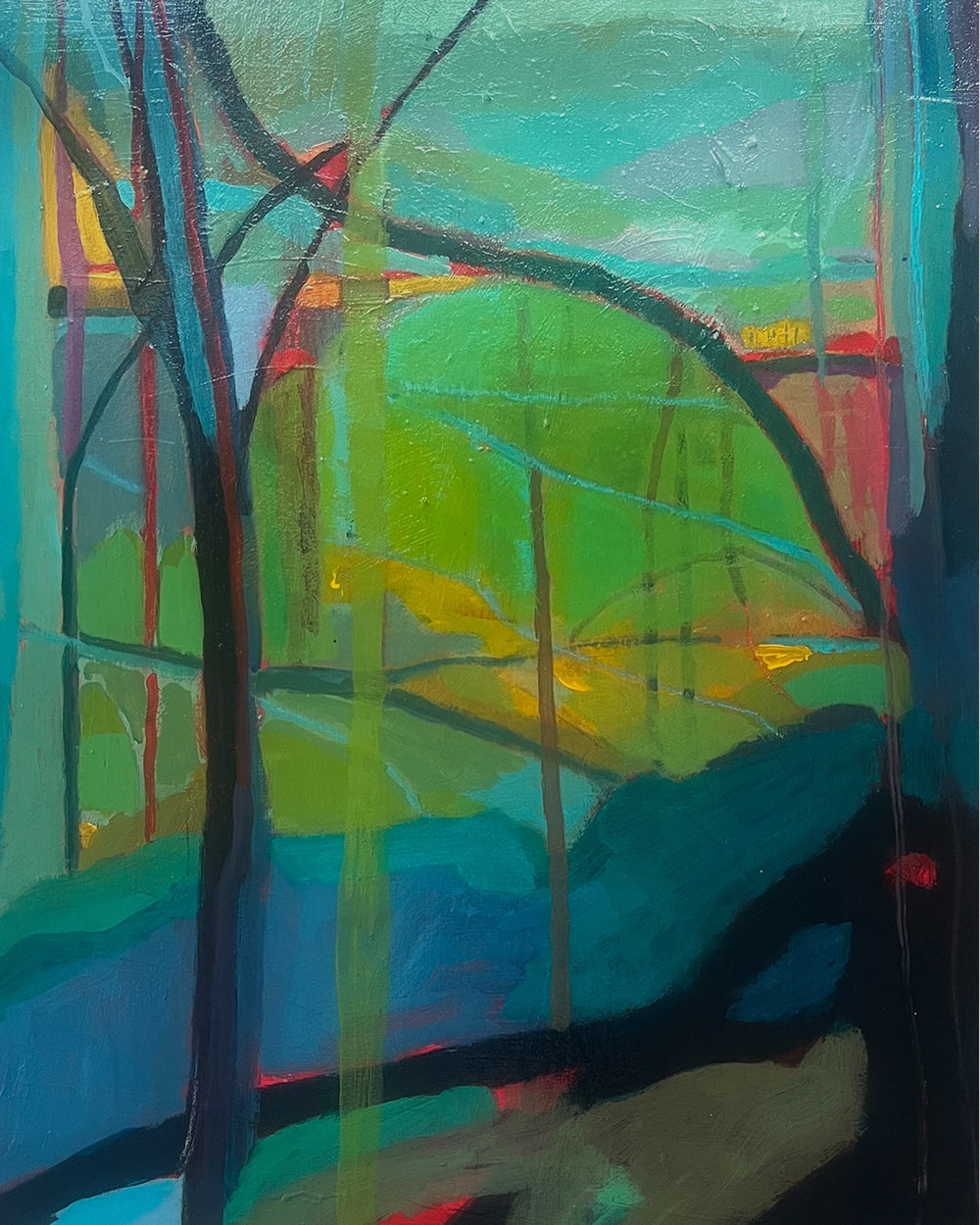 Abstract painting with vibrant colors and dynamic brush strokes on cradles panel. Shop original landscape artwork and contemporary painting by Terry Pesso that blends abstraction, memory, and natural rhythm. These expressive works use layered color and motion to create dramatic wall art decor and are ideal for framed art and framed wall art presentation.