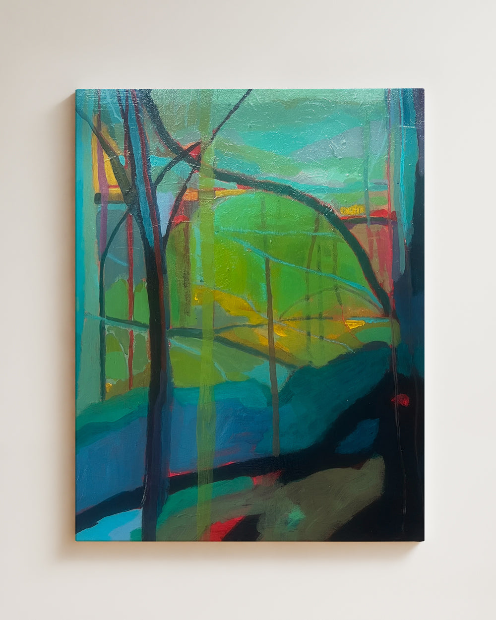 Abstract painting with vibrant colors on a white wall on cradle wood panel. Full view. Shop original landscape artwork and contemporary painting by Terry Pesso that blends abstraction, memory, and natural rhythm. These expressive works use layered color and motion to create dramatic wall art decor and are ideal for framed art and framed wall art presentation.