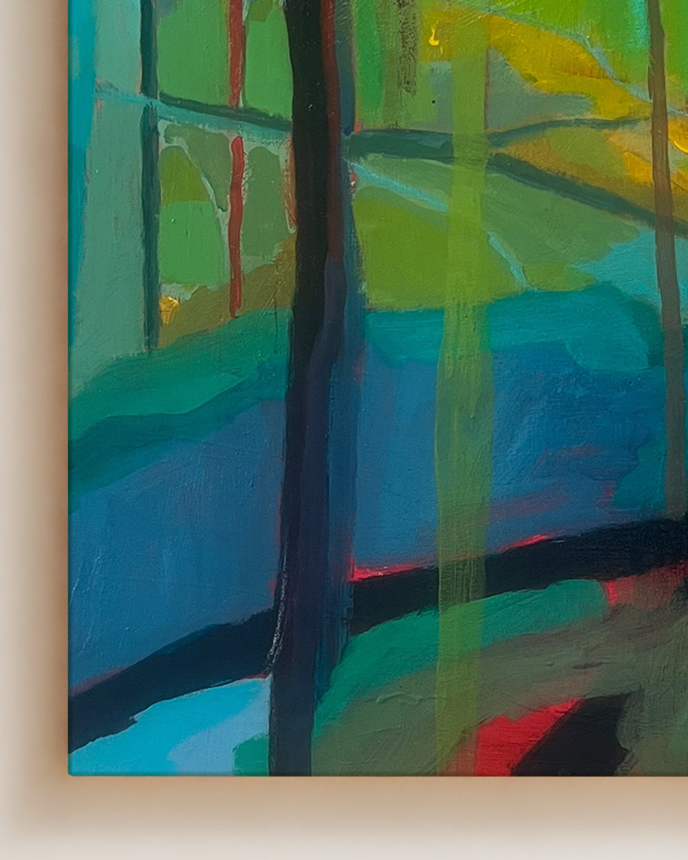 Abstract painting with vibrant colors on a beige background on wooden panel. Detail close up view. Shop original landscape artwork and contemporary painting by Terry Pesso that blends abstraction, memory, and natural rhythm. These expressive works use layered color and motion to create dramatic wall art decor and are ideal for framed art and framed wall art presentation.