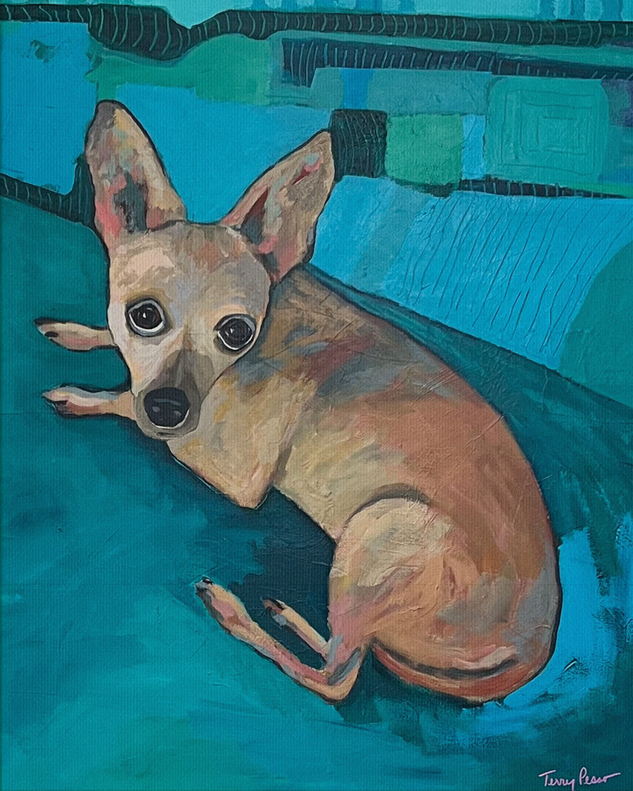 Painting of a chihuahua dog with a blue background on canvas. Thumbnail view.  Original dog artwork and contemporary dog painting created in mixed media and acrylic by Terry Pesso. These expressive works are perfect for collectors seeking playful wall art decor with emotional impact. Each original painting is suitable for framed art and framed wall art once professionally mounted.