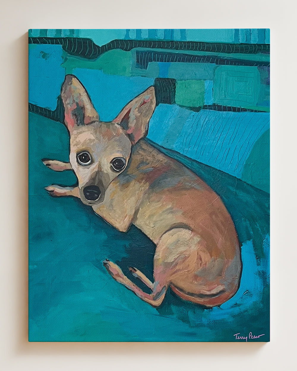 Full view, hanging on wall. Painting of a chihuahua dog with a blue background on canvas. Original dog artwork and contemporary dog painting created in mixed media and acrylic by Terry Pesso. These expressive works are perfect for collectors seeking playful wall art decor with emotional impact. Each original painting is suitable for framed art and framed wall art once professionally mounted.
