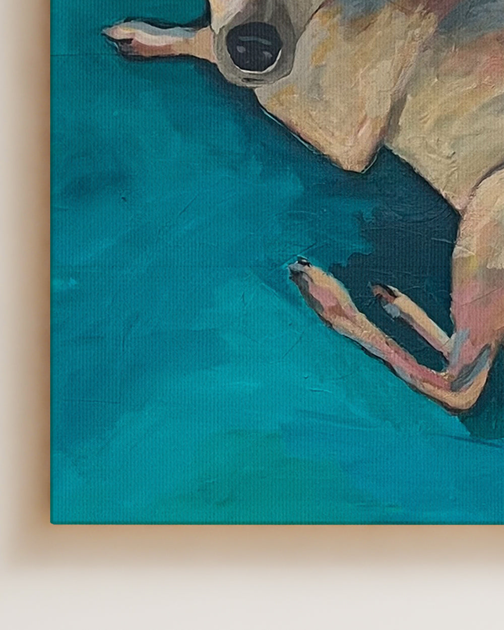 Close-up of painting of a chihuahua dog with a blue background on canvas. Original dog artwork and contemporary dog painting created in mixed media and acrylic by Terry Pesso. These expressive works are perfect for collectors seeking playful wall art decor with emotional impact. Each original painting is suitable for framed art and framed wall art once professionally mounted.