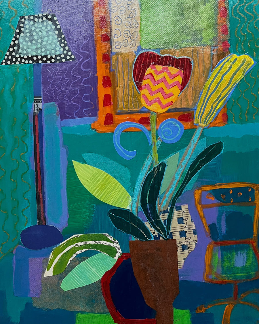 Colorful abstract painting with floral elements and geometric shapes on wood panel. Thumbnail view. Original interior and garden artwork and contemporary painting by Terry Pesso inspired by everyday spaces, patios, and outdoor living. These expressive works transform familiar scenes into modern wall art decor and are suitable for framed art and framed wall art.