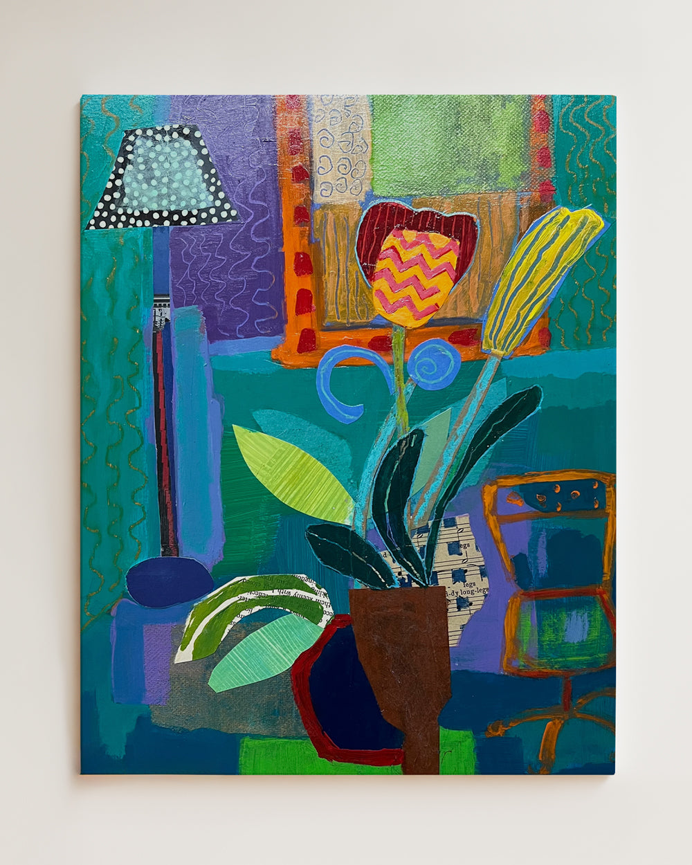 Abstract painting of a vase with flowers and a lamp on a textured background on wood panel. Full view hanging on wall. Original interior and garden artwork and contemporary painting by Terry Pesso inspired by everyday spaces, patios, and outdoor living. These expressive works transform familiar scenes into modern wall art decor and are suitable for framed art and framed wall art.