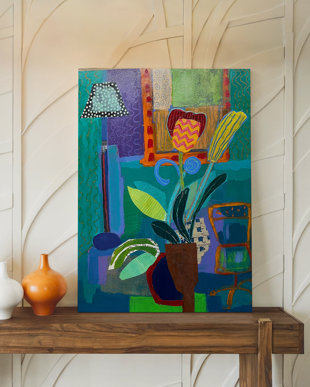 Colorful abstract painting on a wooden shelf with decorative vases on wooden panel. Lifestyle mockup view. Original interior and garden artwork and contemporary painting by Terry Pesso inspired by everyday spaces, patios, and outdoor living. These expressive works transform familiar scenes into modern wall art decor and are suitable for framed art and framed wall art.