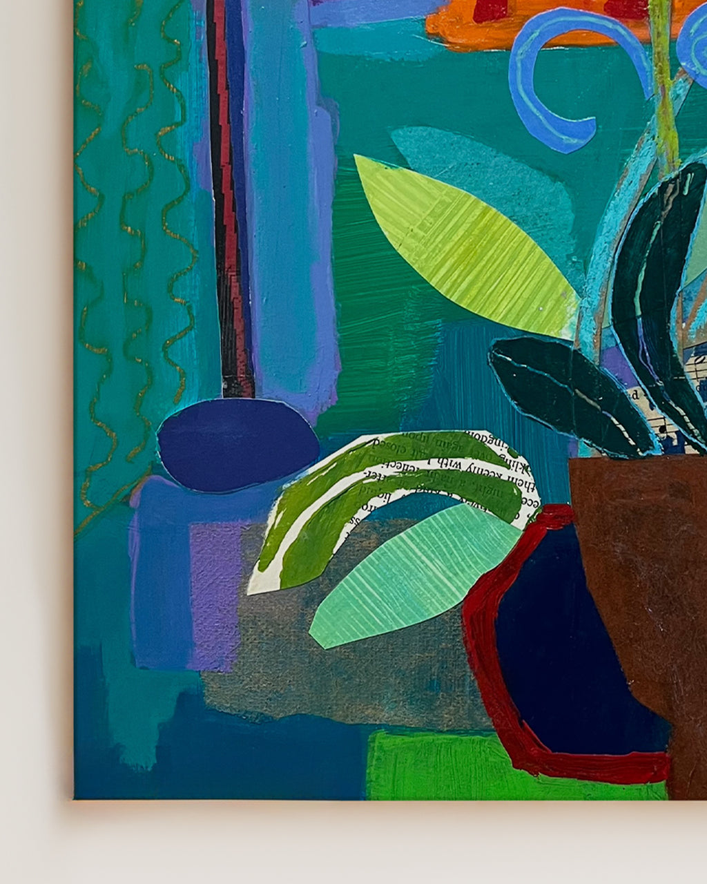 Abstract painting with vibrant colors on wood panel. Detail close up shot. Original interior and garden artwork and contemporary painting by Terry Pesso inspired by everyday spaces, patios, and outdoor living. These expressive works transform familiar scenes into modern wall art decor and are suitable for framed art and framed wall art.