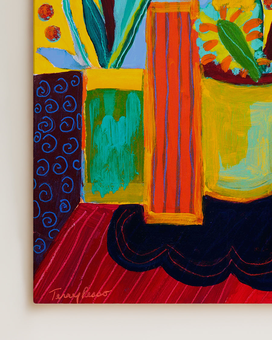 Colorful abstract painting with vibrant patterns and shapes on a wooden panel. Detail view. An original still life artwork and contemporary painting by Terry Pesso inspired by everyday objects, vessels, and quiet moments. These expressive works elevate ordinary subjects into refined wall art decor and are suitable for framed art and framed wall art.