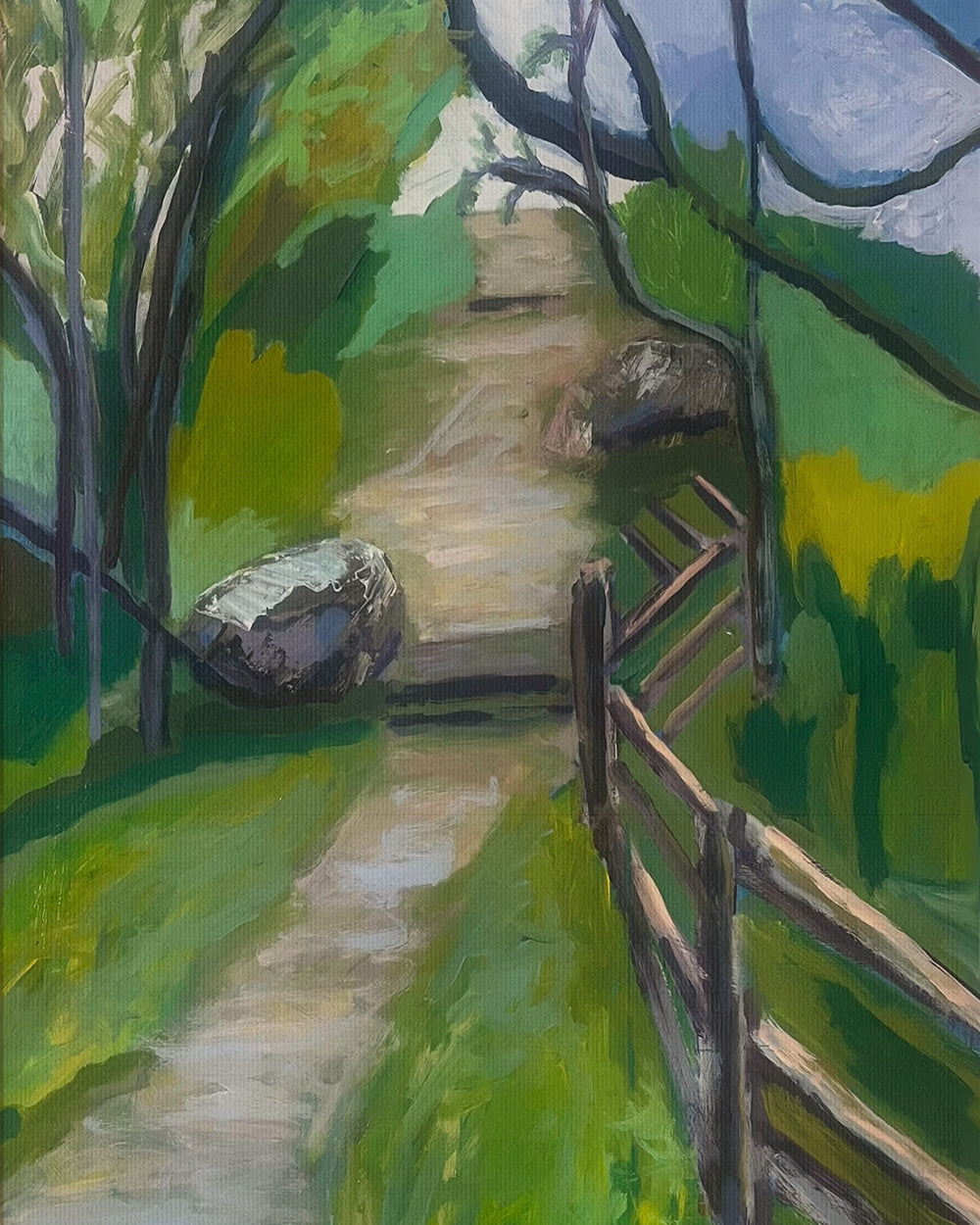 Painting of a forest path with a wooden fence and rocks. Shop original landscape artwork and contemporary painting by Terry Pesso that blends abstraction, memory, and natural rhythm. These expressive works use layered color and motion to create dramatic wall art decor and are ideal for framed art and framed wall art presentation.
