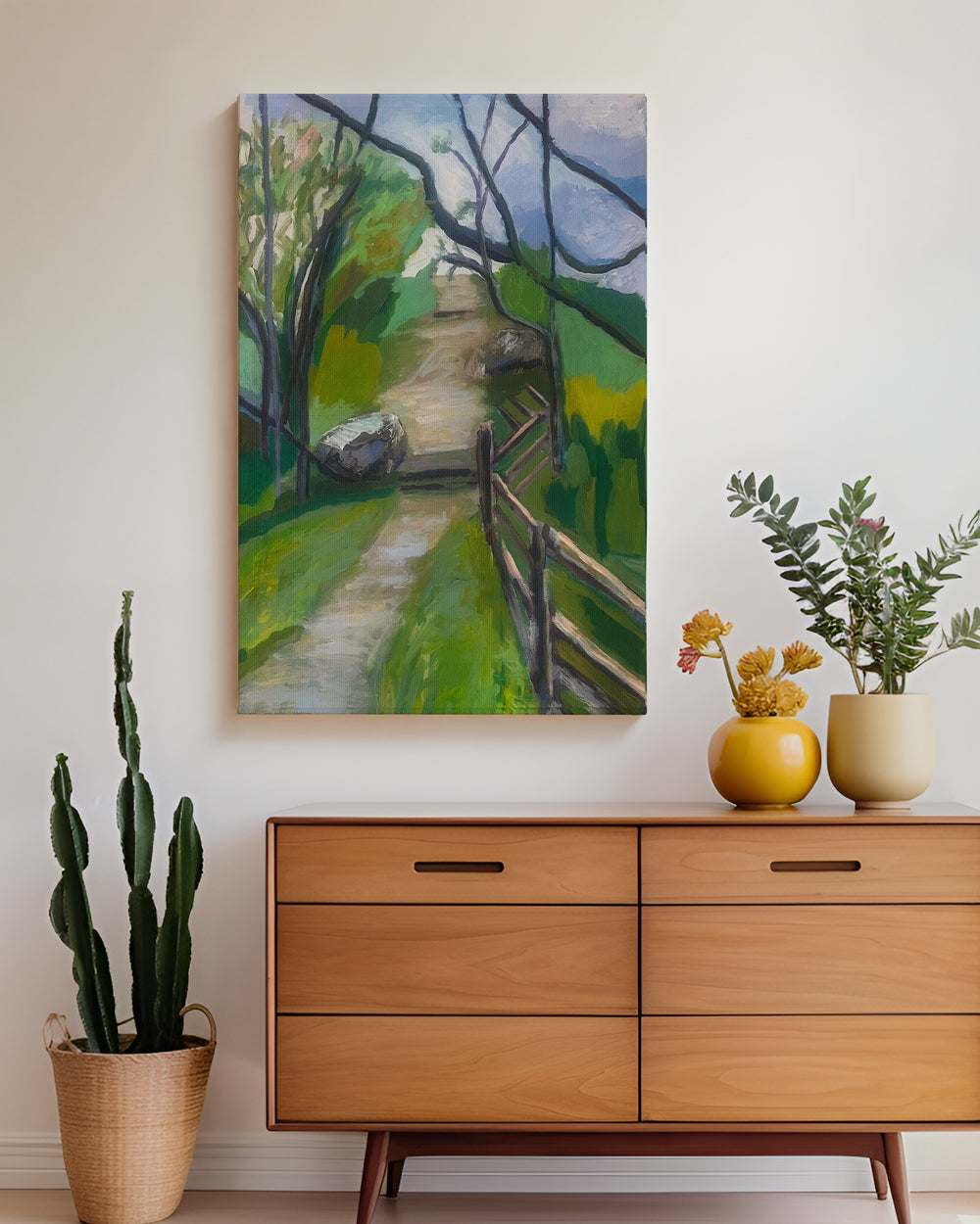 Painting of a landscape with a wooden dresser and decorative items in a room on wooden panel. Lifestyle mockup. Shop original landscape artwork and contemporary painting by Terry Pesso that blends abstraction, memory, and natural rhythm. These expressive works use layered color and motion to create dramatic wall art decor and are ideal for framed art and framed wall art presentation.