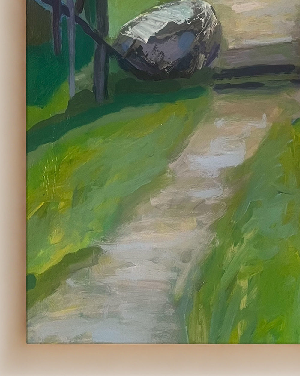Painting of a path winding through grass with a large rock on a beige wall on wooden panel. Detail close-up view. Shop original landscape artwork and contemporary painting by Terry Pesso that blends abstraction, memory, and natural rhythm. These expressive works use layered color and motion to create dramatic wall art decor and are ideal for framed art and framed wall art presentation.