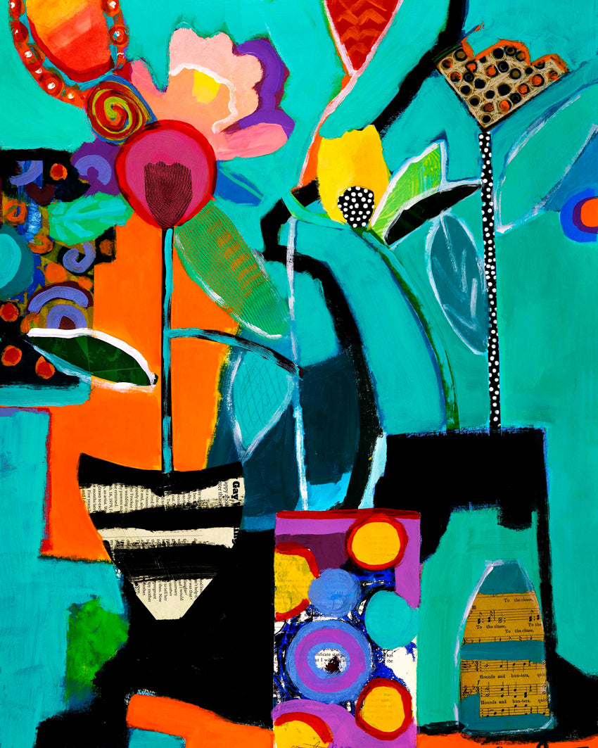 Abstract artwork with vibrant colors and geometric shapes on a blue background on mixed media paper. Shop original floral and botanical artwork and contemporary painting by Terry Pesso inspired by blooms, leaves, and organic form. These vibrant mixed media paintings bring fresh energy to wall art decor and are ready for framed art and framed wall art display.