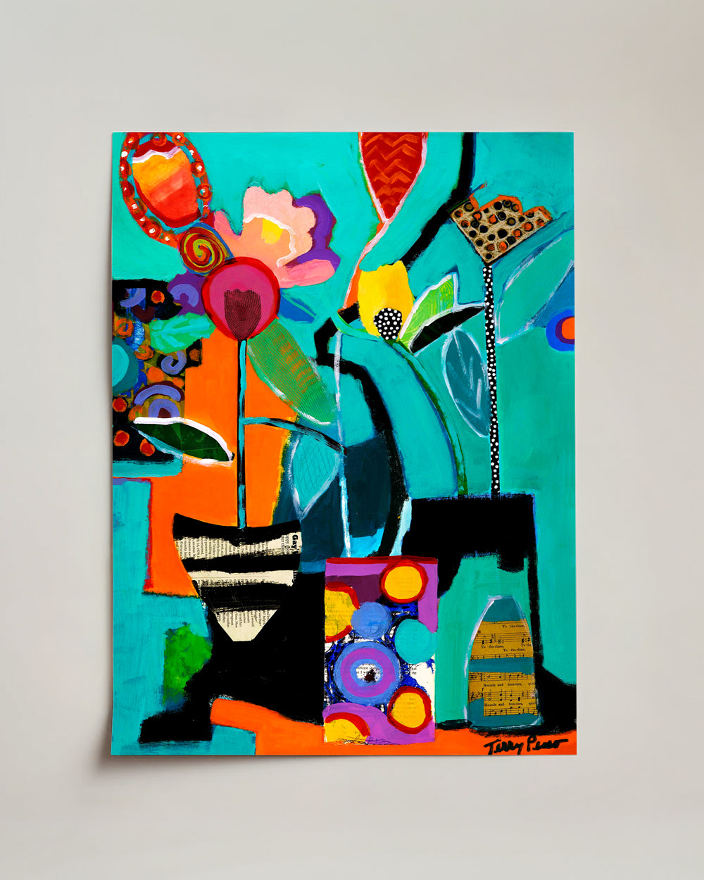 Colorful abstract painting with flowers and geometric shapes on a light gray background on mixed media paper. Full view. Shop original floral and botanical artwork and contemporary painting by Terry Pesso inspired by blooms, leaves, and organic form. These vibrant mixed media paintings bring fresh energy to wall art decor and are ready for framed art and framed wall art display.