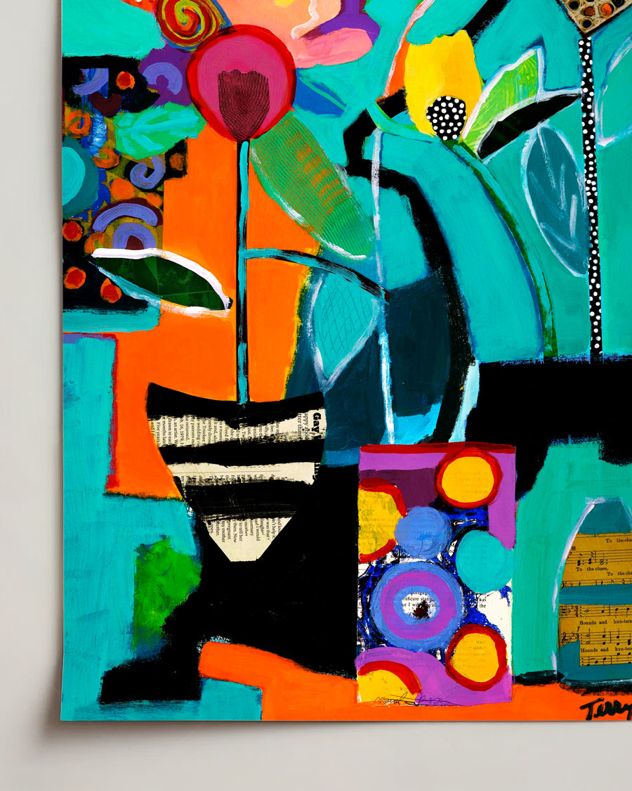 Colorful abstract painting with floral elements and geometric shapes on a white background on mixed media paper. Detail close up shot. Shop original floral and botanical artwork and contemporary painting by Terry Pesso inspired by blooms, leaves, and organic form. These vibrant mixed media paintings bring fresh energy to wall art decor and are ready for framed art and framed wall art display.