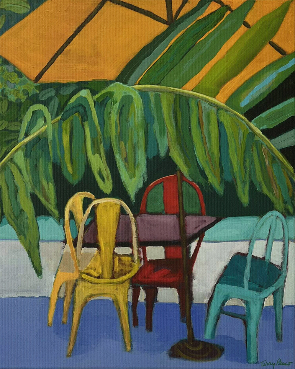 Colorful outdoor scene with chairs and a table under a large umbrella on canvas. Thumbnail view. Original interior and garden artwork and contemporary painting by Terry Pesso inspired by everyday spaces, patios, and outdoor living. These expressive works transform familiar scenes into modern wall art decor and are suitable for framed art and framed wall art.