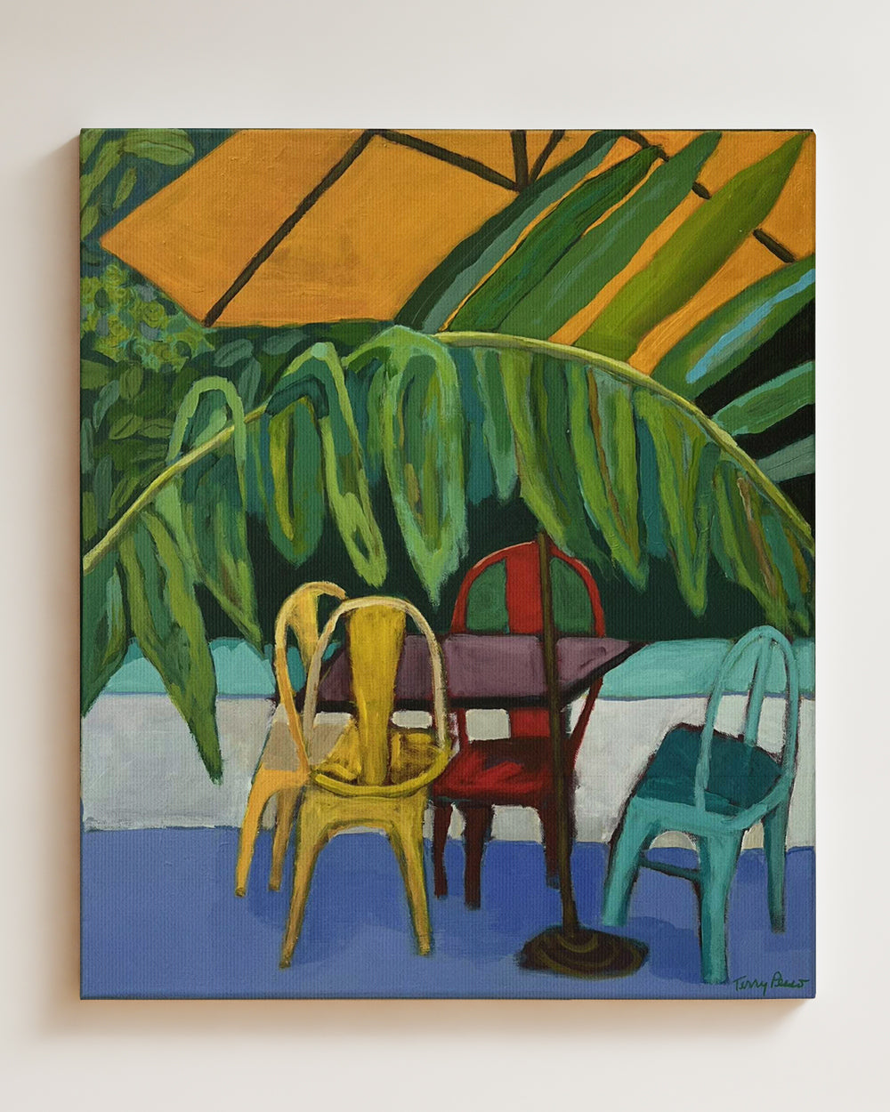 Painting of colorful chairs and a table against a leafy background on canvas. Full view. Original interior and garden artwork and contemporary painting by Terry Pesso inspired by everyday spaces, patios, and outdoor living. These expressive works transform familiar scenes into modern wall art decor and are suitable for framed art and framed wall art.