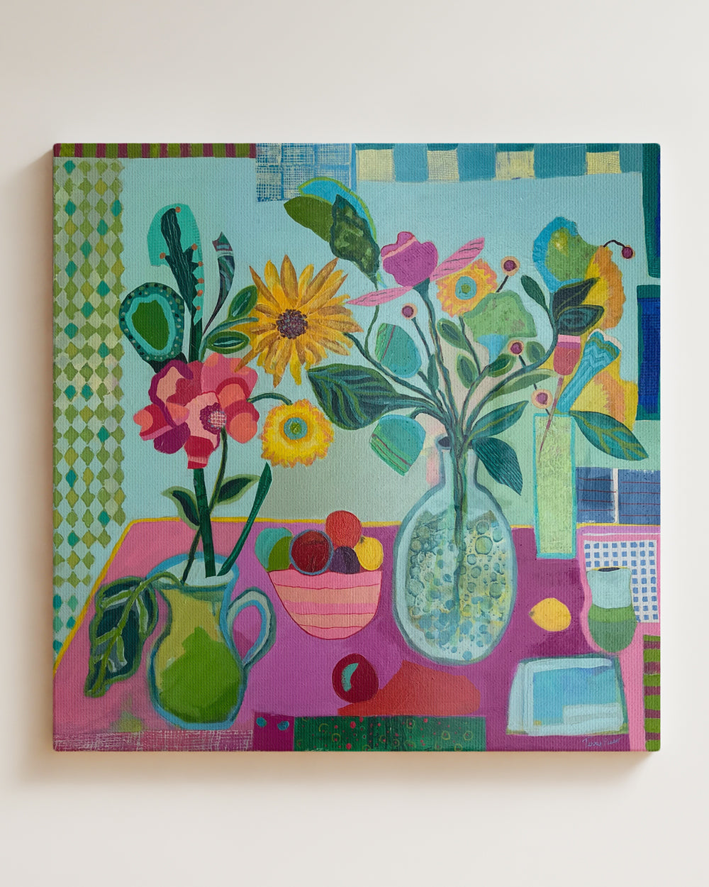 An original still life artwork and contemporary painting on canvas by Terry Pesso inspired by everyday objects, vessels, and quiet moments. These expressive works elevate ordinary subjects into refined wall art decor and are suitable for framed art and framed wall art. Full view.