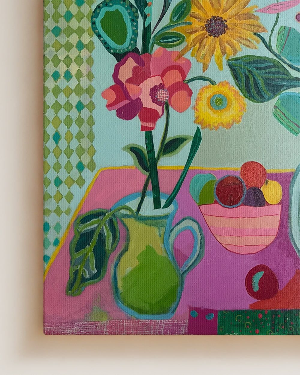 Close up, detail shot of flowers in a pitch on a table. Acrylic painting on canvas. An original still life artwork and contemporary painting by Terry Pesso inspired by everyday objects, vessels, and quiet moments. These expressive works elevate ordinary subjects into refined wall art decor and are suitable for framed art and framed wall art.