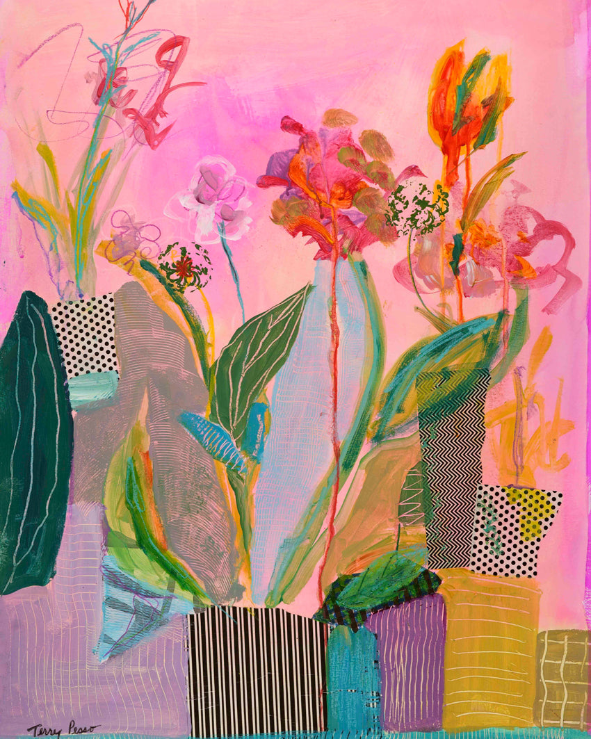 Colorful abstract artwork with flowers and geometric shapes on a pink background on mixed media paper. Shop original floral and botanical artwork and contemporary painting by Terry Pesso inspired by blooms, leaves, and organic form. These vibrant mixed media paintings bring fresh energy to wall art decor and are ready for framed art and framed wall art display.