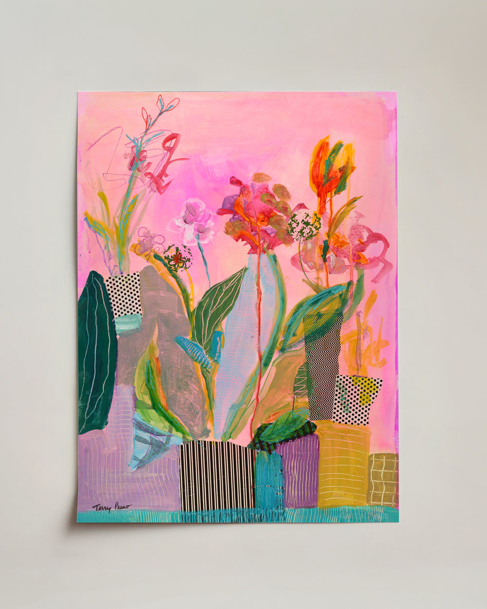 Colorful abstract painting of plants on a pink background on mixed media paper. Full view. Shop original floral and botanical artwork and contemporary painting by Terry Pesso inspired by blooms, leaves, and organic form. These vibrant mixed media paintings bring fresh energy to wall art decor and are ready for framed art and framed wall art display.