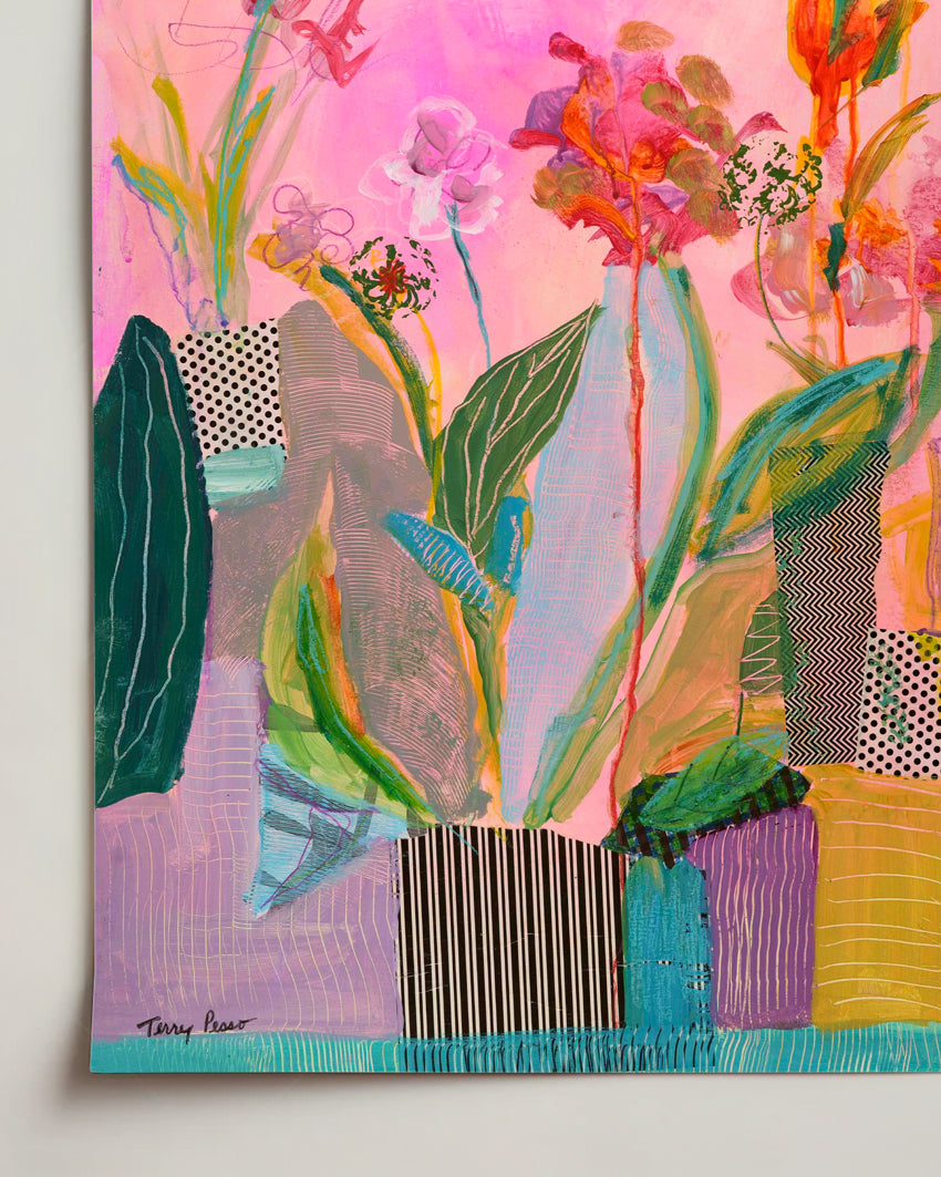 Colorful abstract painting with floral elements and a barcode on a pink background on mixed media paper. Detail close up shot. Shop original floral and botanical artwork and contemporary painting by Terry Pesso inspired by blooms, leaves, and organic form. These vibrant mixed media paintings bring fresh energy to wall art decor and are ready for framed art and framed wall art display.