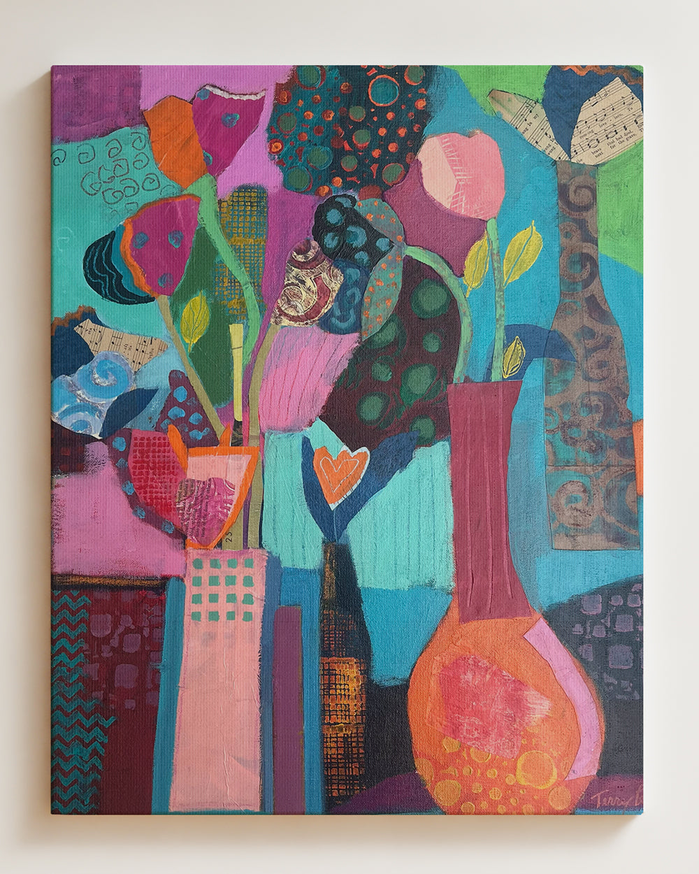 Colorful abstract painting with floral elements and patterns on canvas. Full view. Shop original floral and botanical artwork and contemporary painting by Terry Pesso inspired by blooms, leaves, and organic form. These vibrant mixed media paintings bring fresh energy to wall art decor and are ready for framed art and framed wall art display.