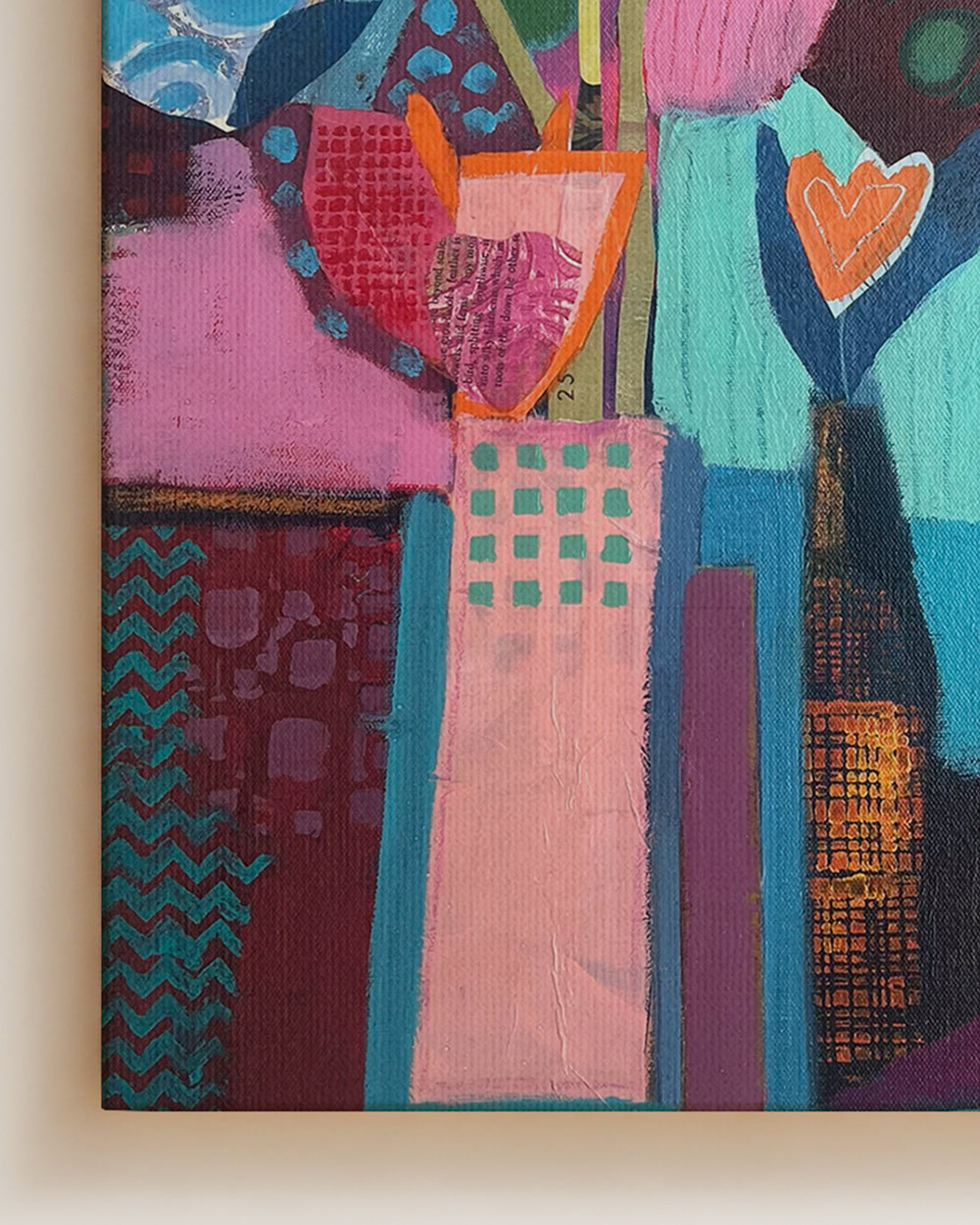 Abstract artwork with vibrant colors and geometric shapes on canvas. Detail close up view. Shop original floral and botanical artwork and contemporary painting by Terry Pesso inspired by blooms, leaves, and organic form. These vibrant mixed media paintings bring fresh energy to wall art decor and are ready for framed art and framed wall art display.