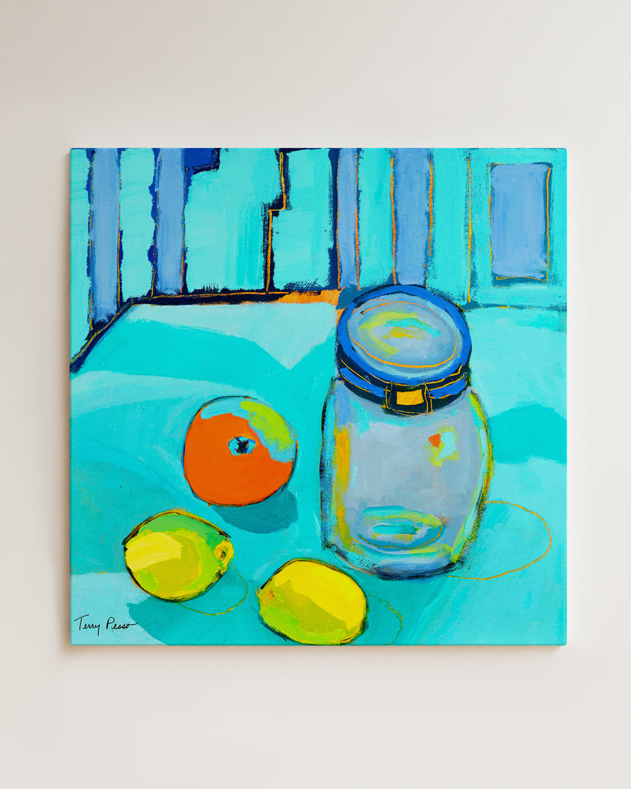Colorful painting of a jar and fruits on a blue background shown hanging on wall. An original still life artwork and contemporary painting by Terry Pesso inspired by everyday objects, vessels, and quiet moments. These expressive works elevate ordinary subjects into refined wall art decor and are suitable for framed art and framed wall art.