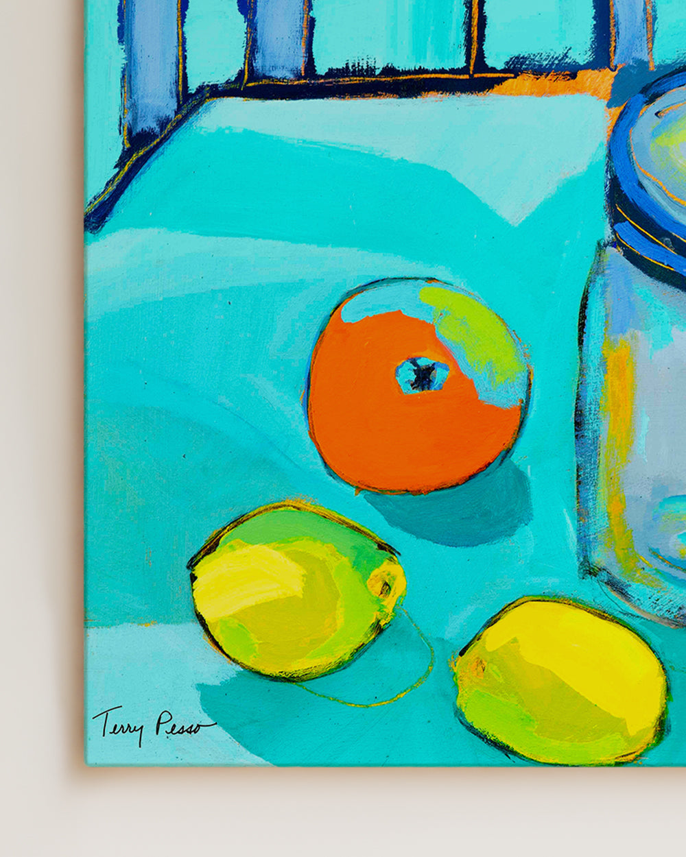 Colorful painting of an orange, lemon, and glass jar on a blue background detail view. An original still life artwork and contemporary painting by Terry Pesso inspired by everyday objects, vessels, and quiet moments. These expressive works elevate ordinary subjects into refined wall art decor and are suitable for framed art and framed wall art.