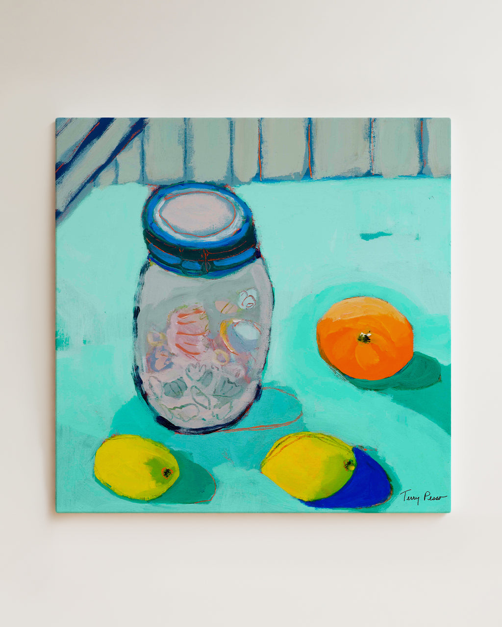 Painting of a jar with lemons and an orange on a light blue surface hanging on wall view. An original still life artwork and contemporary painting by Terry Pesso inspired by everyday objects, vessels, and quiet moments. These expressive works elevate ordinary subjects into refined wall art decor and are suitable for framed art and framed wall art.