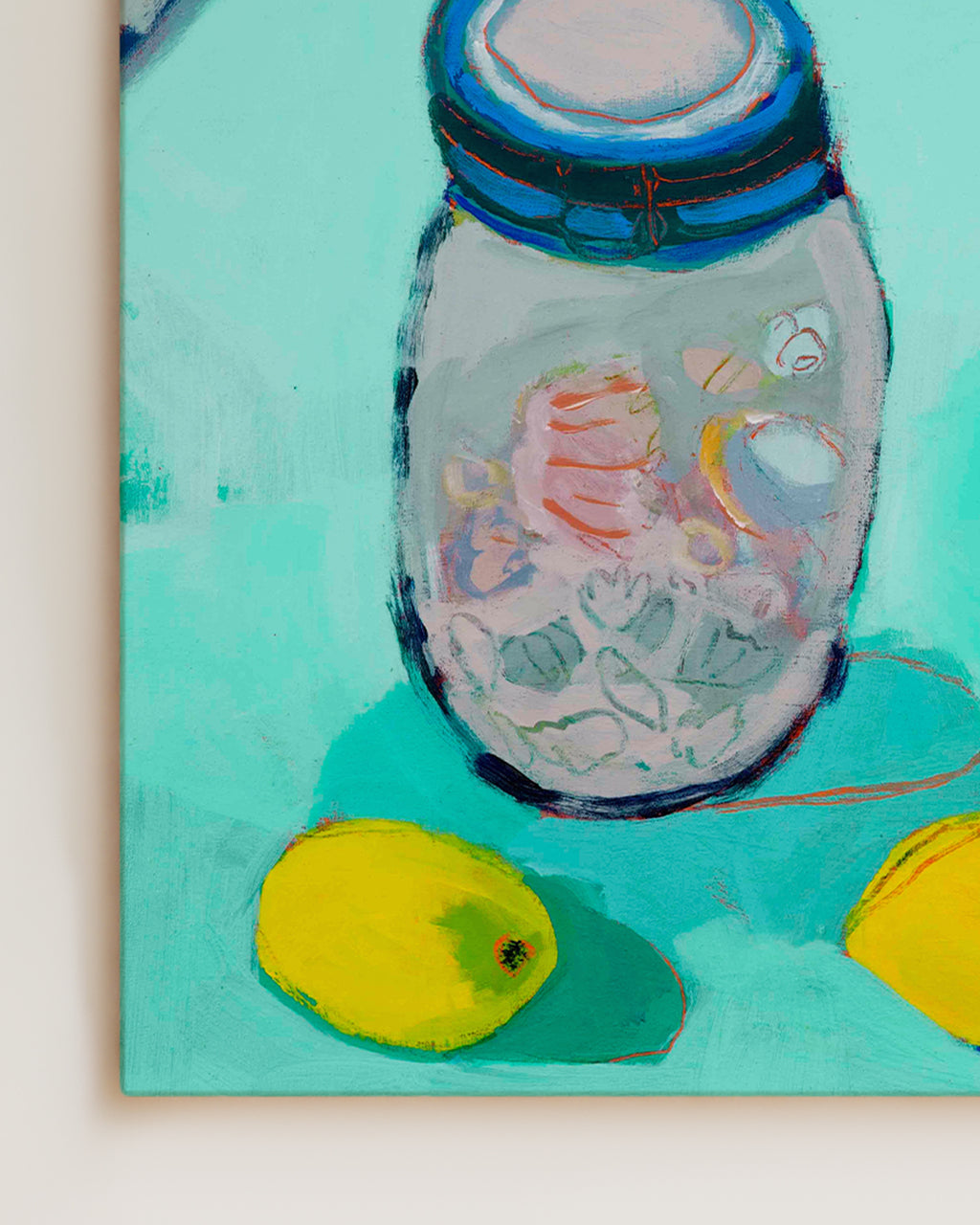 Painting of a jar with colorful contents on a light blue background detailed view. An original still life artwork and contemporary painting by Terry Pesso inspired by everyday objects, vessels, and quiet moments. These expressive works elevate ordinary subjects into refined wall art decor and are suitable for framed art and framed wall art.