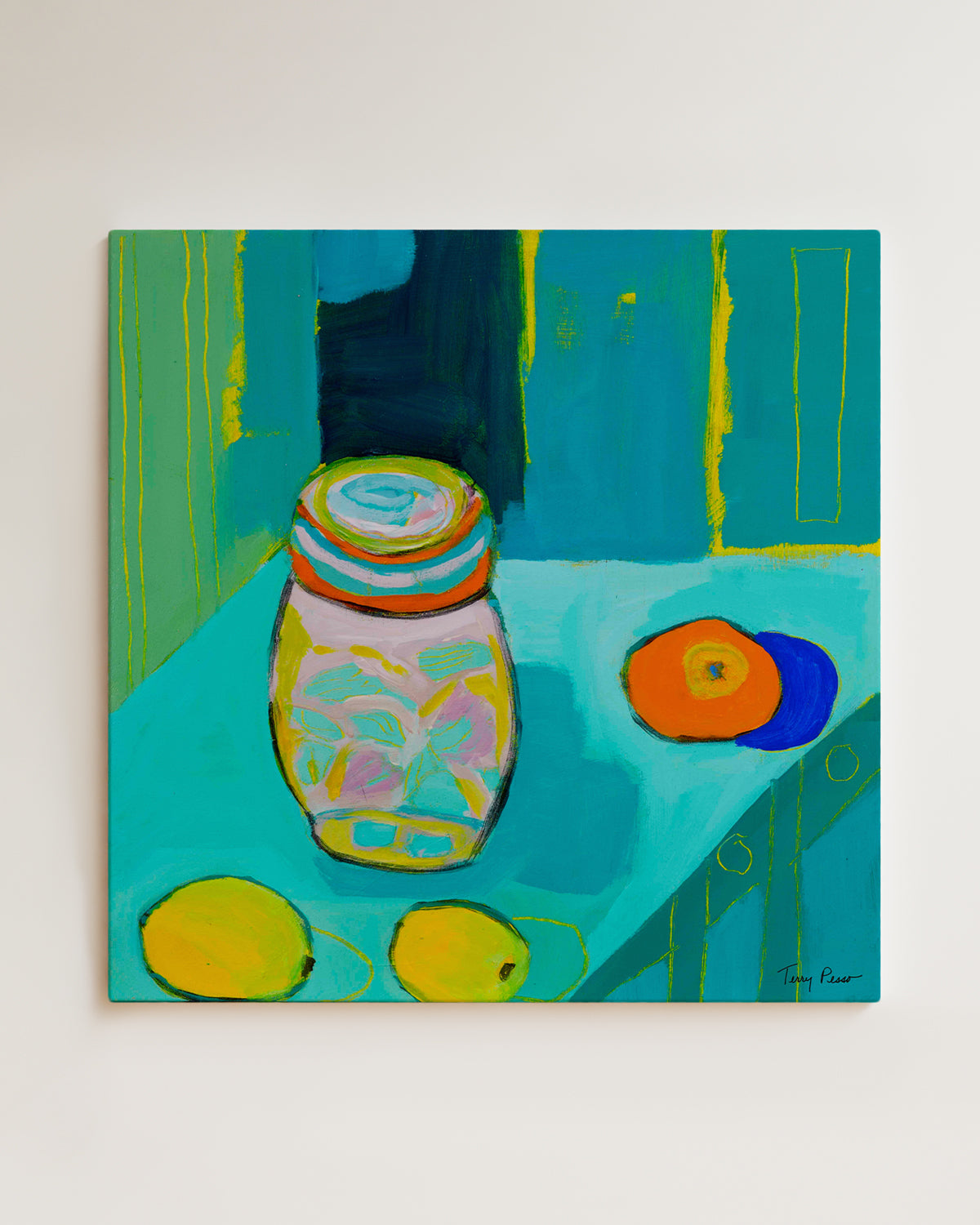 Colorful painting of a jar and fruits on a blue background. An original still life artwork and contemporary painting by Terry Pesso inspired by everyday objects, vessels, and quiet moments. These expressive works elevate ordinary subjects into refined wall art decor and are suitable for framed art and framed wall art.