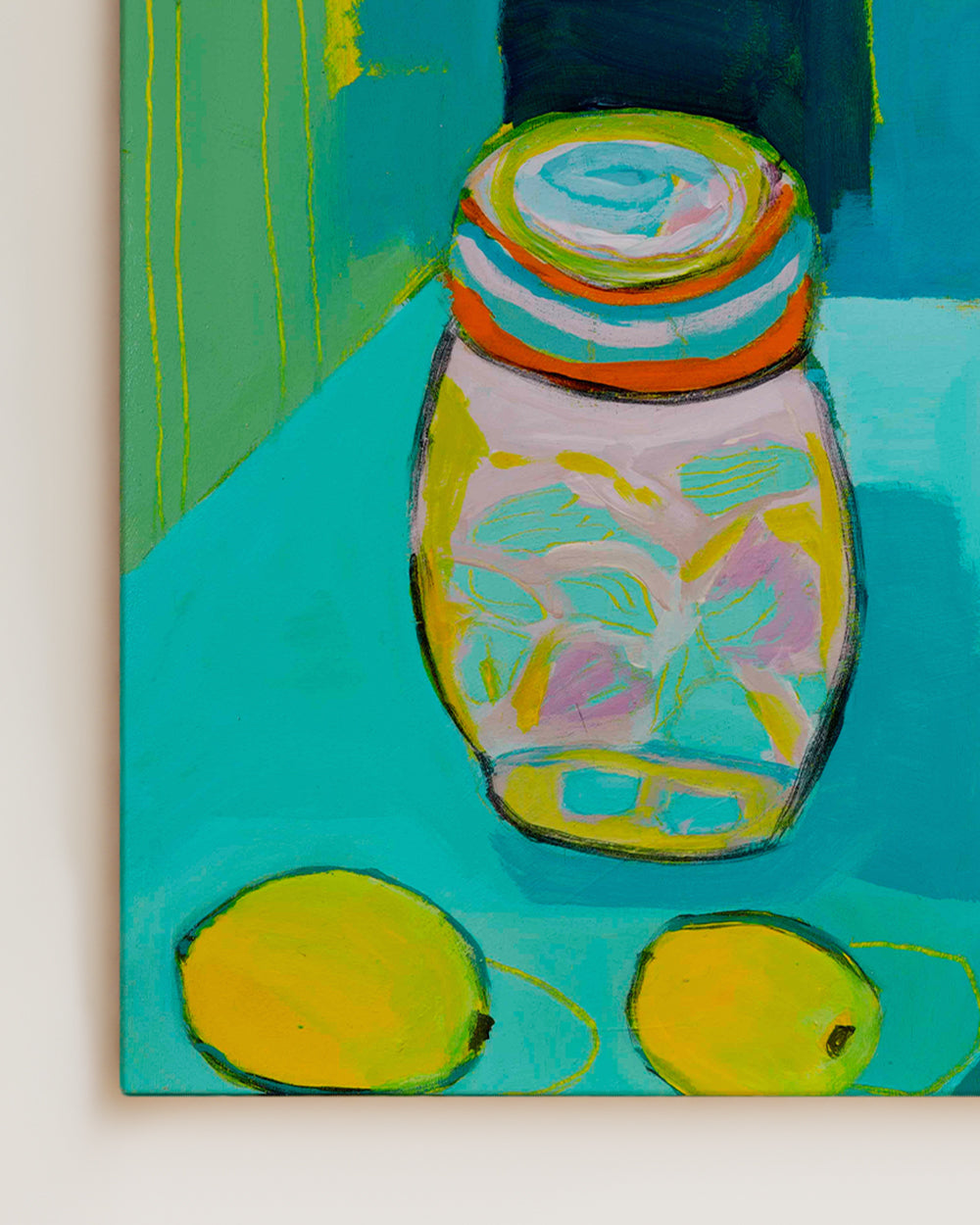 Closeup of colorful painting of a jar and lemons on a blue background. An original still life artwork and contemporary painting by Terry Pesso inspired by everyday objects, vessels, and quiet moments. These expressive works elevate ordinary subjects into refined wall art decor and are suitable for framed art and framed wall art.
