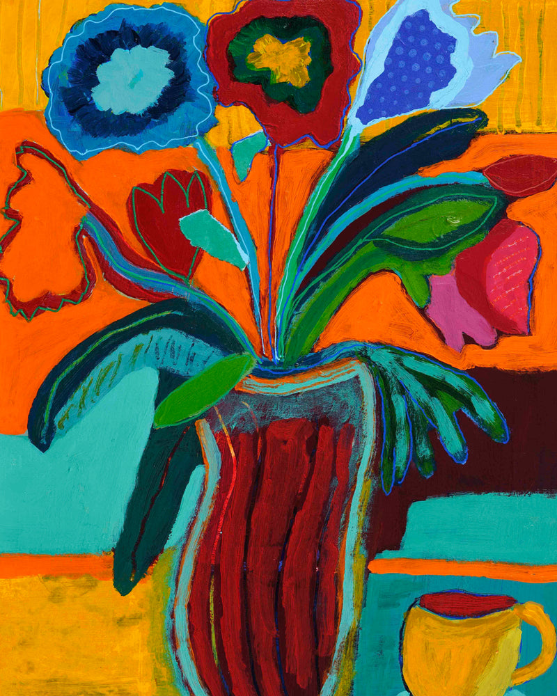 Colorful abstract painting of flowers and a vase on an orange background on canvas paper. An original still life artwork and contemporary painting by Terry Pesso inspired by everyday objects, vessels, and quiet moments. These expressive works elevate ordinary subjects into refined wall art decor and are suitable for framed art and framed wall art.