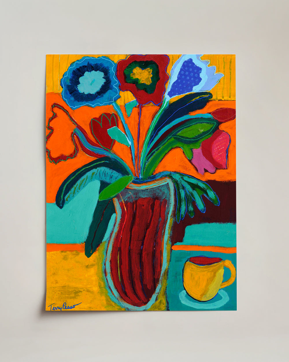 Colorful painting on canvas paper of flowers in a vase with a cup on a saucer. Full view. An original still life artwork and contemporary painting by Terry Pesso inspired by everyday objects, vessels, and quiet moments. These expressive works elevate ordinary subjects into refined wall art decor and are suitable for framed art and framed wall art.