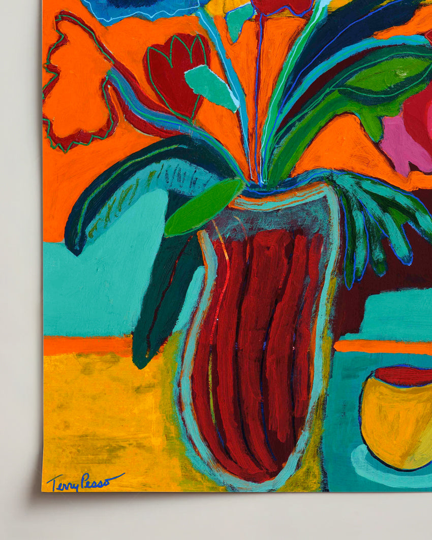 Colorful painting of a vase with flowers on an orange background on canvas paper. Detail close up view. An original still life artwork and contemporary painting by Terry Pesso inspired by everyday objects, vessels, and quiet moments. These expressive works elevate ordinary subjects into refined wall art decor and are suitable for framed art and framed wall art.