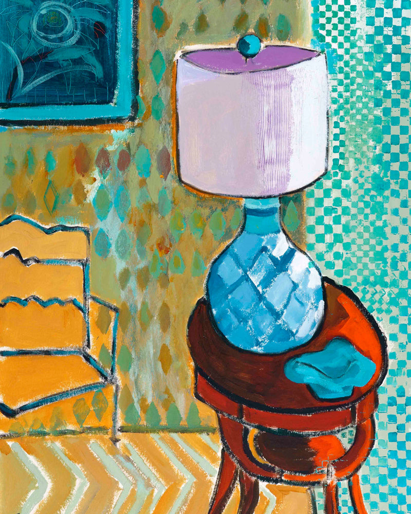 Colorful abstract painting of a lamp on a table with a patterned wall and chair on watercolor paper. Thumbnail view. Original interior and garden artwork and contemporary painting by Terry Pesso inspired by everyday spaces, patios, and outdoor living. These expressive works transform familiar scenes into modern wall art decor and are suitable for framed art and framed wall art.