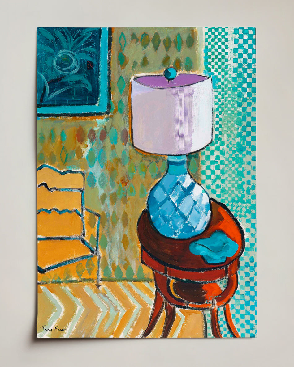 Painting of a lamp on a table with colorful patterns in the background on watercolor paper. Full view top down. Original interior and garden artwork and contemporary painting by Terry Pesso inspired by everyday spaces, patios, and outdoor living. These expressive works transform familiar scenes into modern wall art decor and are suitable for framed art and framed wall art. Original interior and garden artwork and contemporary painting by Terry Pesso inspired by everyday spaces, patios, and outdoor living. T