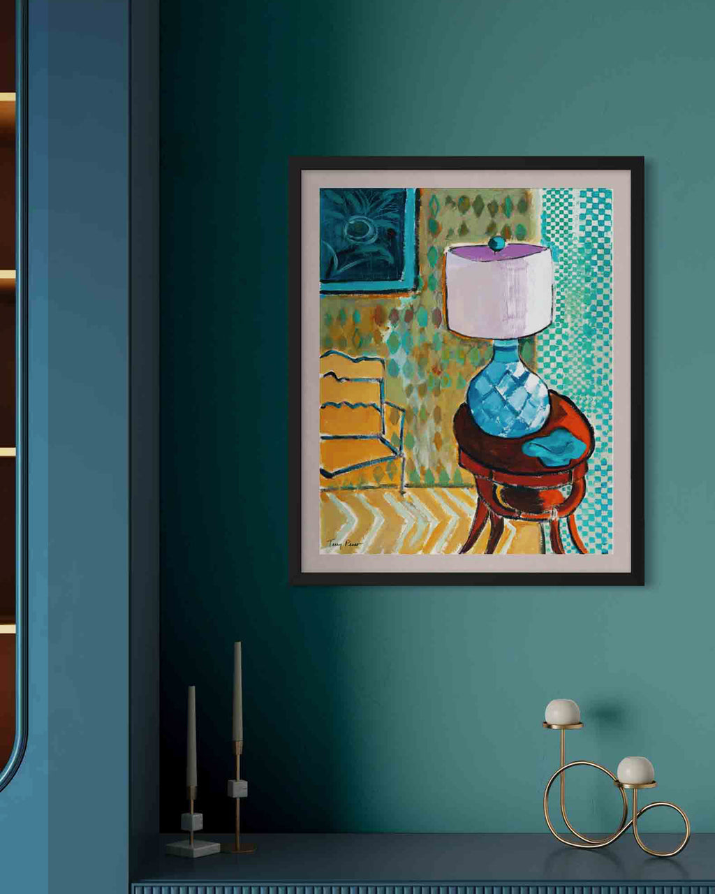 Framed abstract art print on a teal wall with decorative elements below. Lifestyle mockup. Original interior and garden artwork and contemporary painting by Terry Pesso inspired by everyday spaces, patios, and outdoor living. These expressive works transform familiar scenes into modern wall art decor and are suitable for framed art and framed wall art.