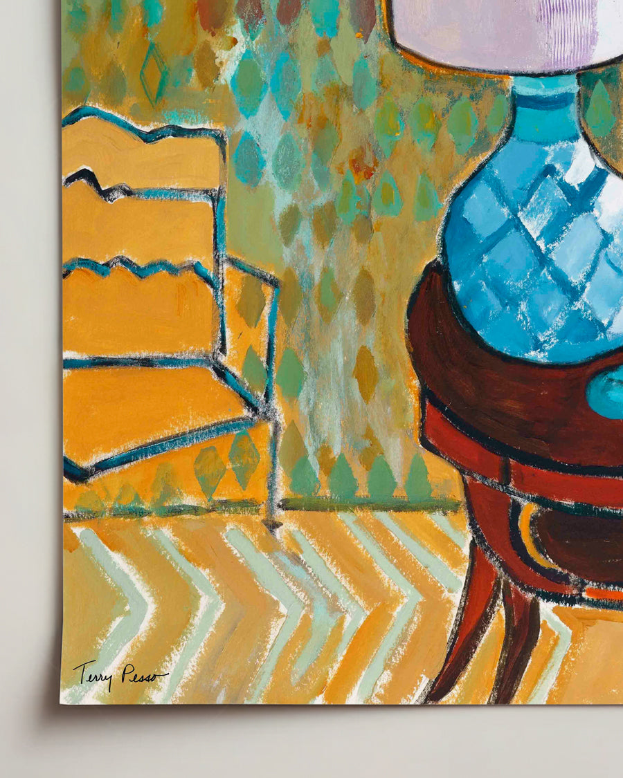 Abstract painting of a lamp and chair with vibrant colors on watercolor paper. Close up detail shot. Original interior and garden artwork and contemporary painting by Terry Pesso inspired by everyday spaces, patios, and outdoor living. These expressive works transform familiar scenes into modern wall art decor and are suitable for framed art and framed wall art.