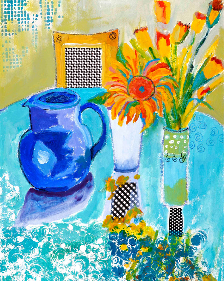 Colorful still life painting with a blue pitcher, flowers, and a chair. An original still life artwork and contemporary painting by Terry Pesso inspired by everyday objects, vessels, and quiet moments. These expressive works elevate ordinary subjects into refined wall art decor and are suitable for framed art and framed wall art.
