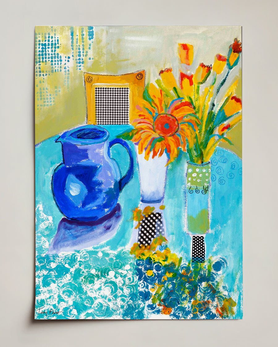 Colorful painting of a blue pitcher and flowers on a table with a chair on watercolor paper. Full view. An original still life artwork and contemporary painting by Terry Pesso inspired by everyday objects, vessels, and quiet moments. These expressive works elevate ordinary subjects into refined wall art decor and are suitable for framed art and framed wall art.