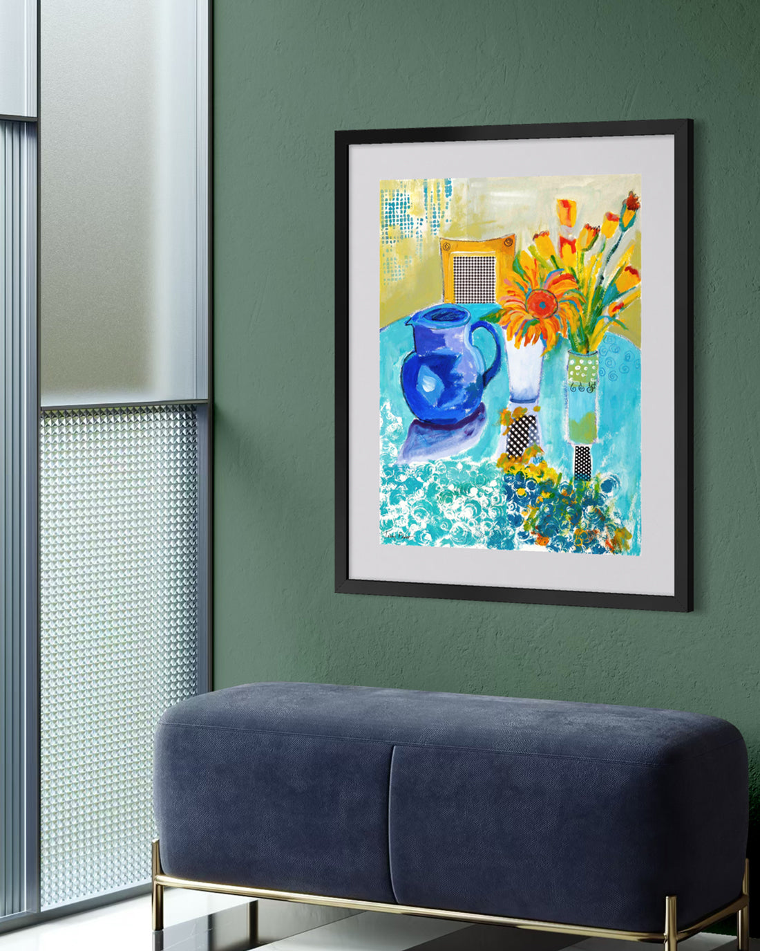 Framed abstract artwork with a blue bench against a green wall. Lifestyle mockup of painting on watercolor paper. An original still life artwork and contemporary painting by Terry Pesso inspired by everyday objects, vessels, and quiet moments. These expressive works elevate ordinary subjects into refined wall art decor and are suitable for framed art and framed wall art.