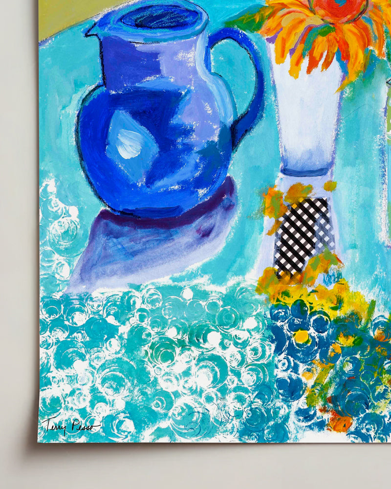 Colorful painting on watercolor paper of a blue pitcher and sunflowers on a blue background. Detailed close up view. An original still life artwork and contemporary painting by Terry Pesso inspired by everyday objects, vessels, and quiet moments. These expressive works elevate ordinary subjects into refined wall art decor and are suitable for framed art and framed wall art.