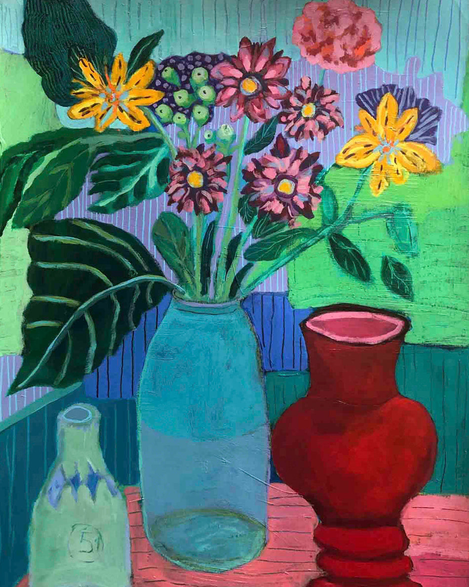 Colorful still life painting with flowers, vases, and a bottle on a table. An original still life artwork and contemporary painting by Terry Pesso inspired by everyday objects, vessels, and quiet moments. These expressive works elevate ordinary subjects into refined wall art decor and are suitable for framed art and framed wall art.