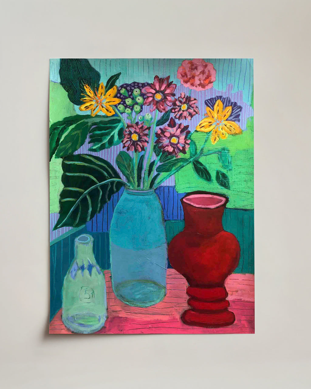 Painting of flowers and vases on a colorful background on paper full view. An original still life artwork and contemporary painting by Terry Pesso inspired by everyday objects, vessels, and quiet moments. These expressive works elevate ordinary subjects into refined wall art decor and are suitable for framed art and framed wall art.