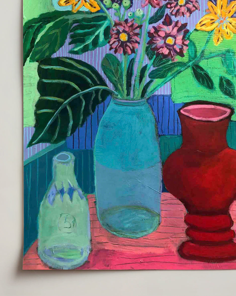 Colorful painting on paper of vases and flowers on a table with a striped background. Detailed close up view. An original still life artwork and contemporary painting by Terry Pesso inspired by everyday objects, vessels, and quiet moments. These expressive works elevate ordinary subjects into refined wall art decor and are suitable for framed art and framed wall art.