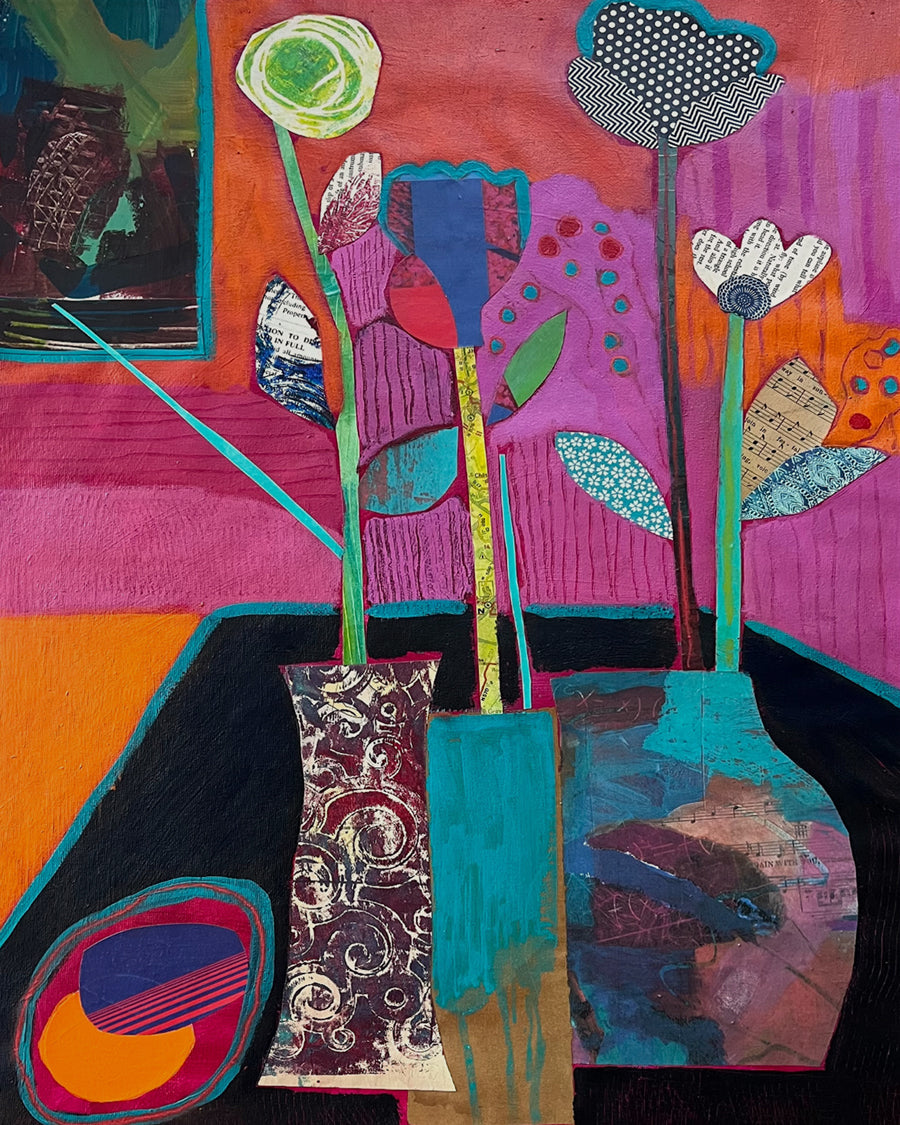 Colorful abstract artwork with floral elements and geometric shapes on wood panel. Thumbnail view. Shop original floral and botanical artwork and contemporary painting by Terry Pesso inspired by blooms, leaves, and organic form. These vibrant mixed media paintings bring fresh energy to wall art decor and are ready for framed art and framed wall art display.