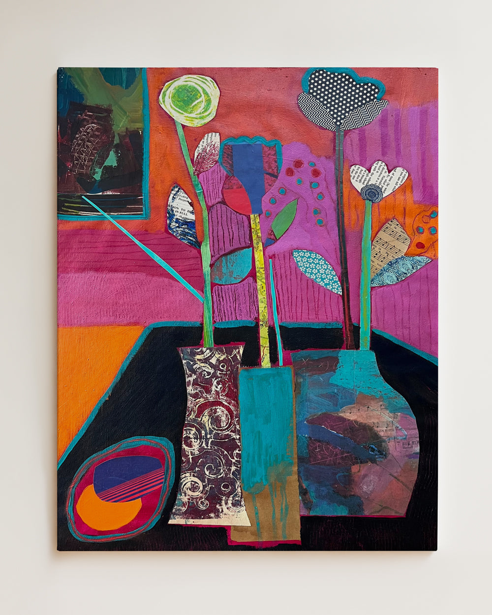 Abstract artwork with vibrant colors and shapes on wood panel. Full view. Shop original floral and botanical artwork and contemporary painting by Terry Pesso inspired by blooms, leaves, and organic form. These vibrant mixed media paintings bring fresh energy to wall art decor and are ready for framed art and framed wall art display.