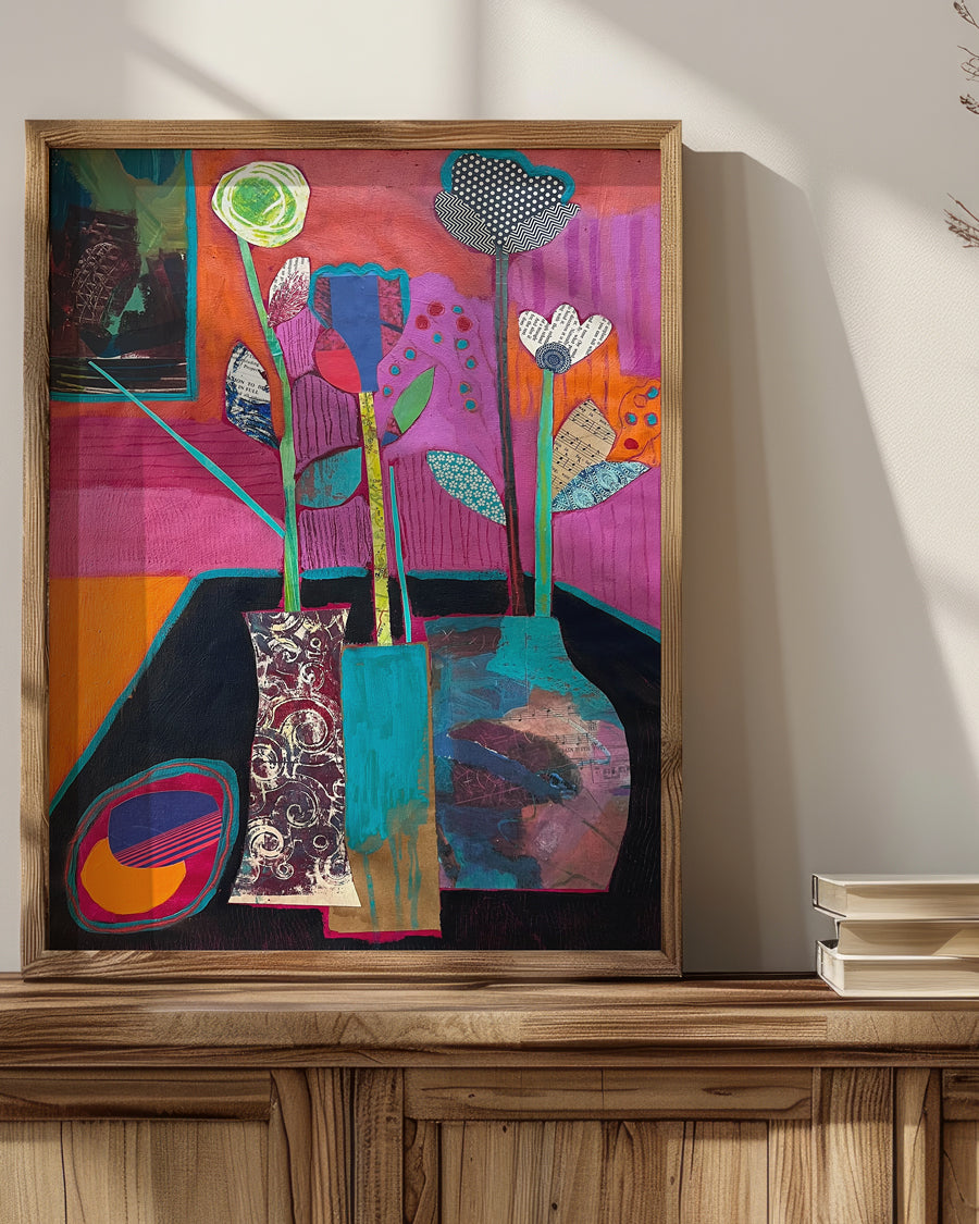 Colorful abstract artwork in a wooden frame on wooden panel. Lifestyle mockup shot on wooden table. Shop original floral and botanical artwork and contemporary painting by Terry Pesso inspired by blooms, leaves, and organic form. These vibrant mixed media paintings bring fresh energy to wall art decor and are ready for framed art and framed wall art display.